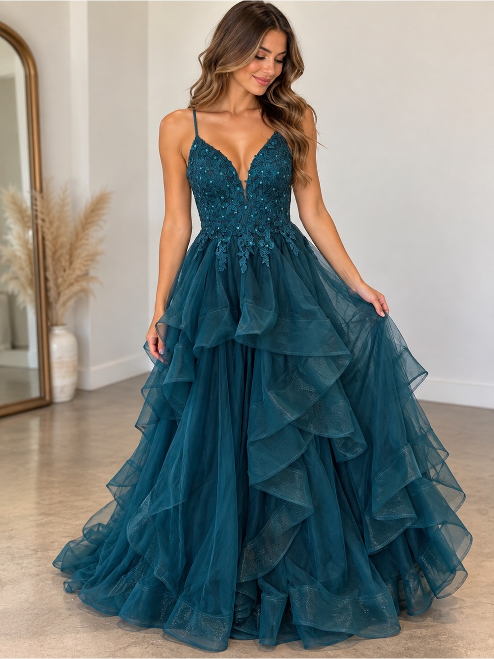 Teal Beaded Ruffled Tulle Prom Dress with Spaghetti Straps
